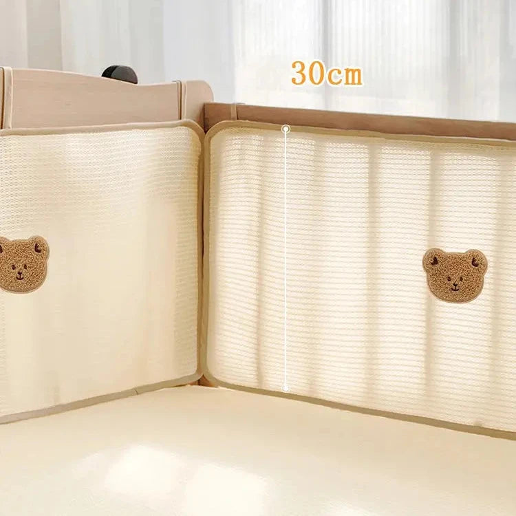 Le Caneton Breathable Mesh Crib Liner Set with Teddy Bear Patch in Beige & White