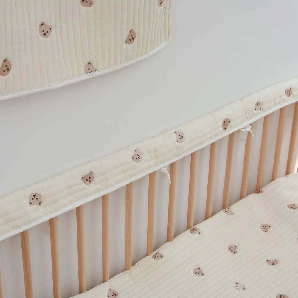 Cotton Guardrail Protection Wrap with Cute Bear Embroidery for Baby Crib