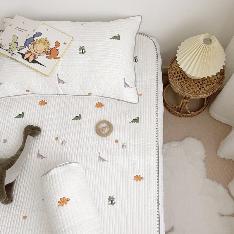 Quilted Cotton Baby Pillows & Mattress Pad with Dinosaur Embroidery