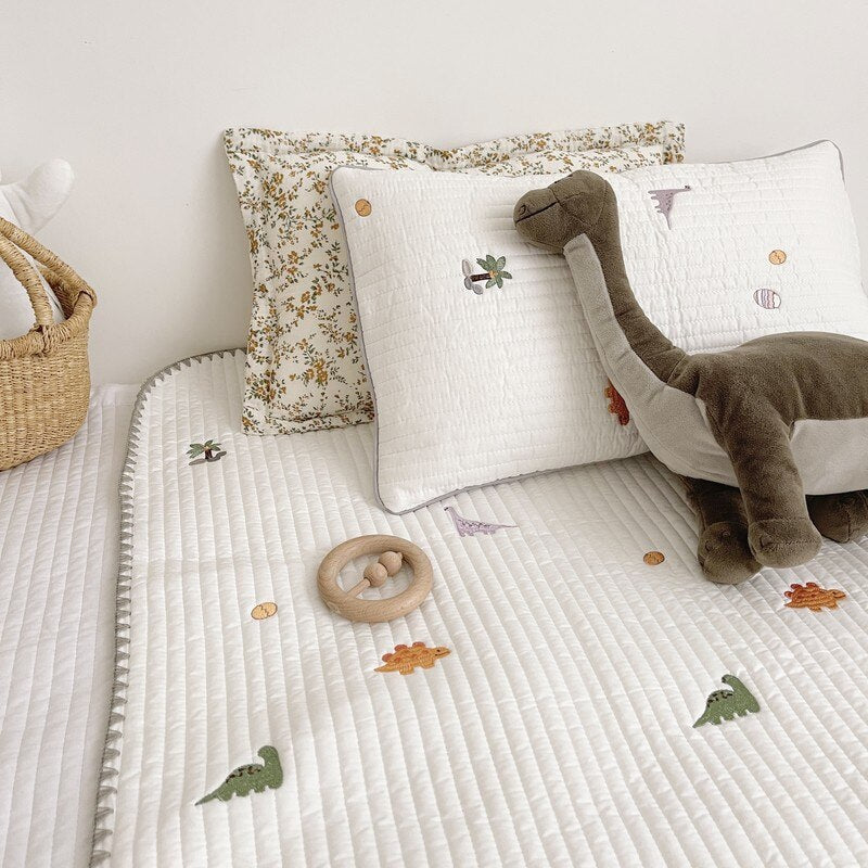 Quilted Cotton Baby Pillows & Mattress Pad with Dinosaur Embroidery