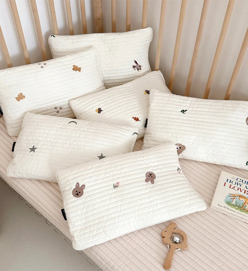 Le Caneton Quilted Cotton Toddler Pillow with Nature-Themed Embroidery