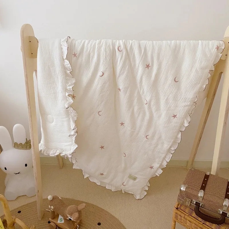 Le Caneton Ruched Muslin Blanket for Toddlers with Lovely Embroidery