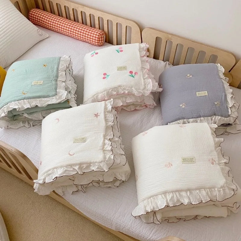 Le Caneton Ruched Muslin Blanket for Toddlers with Lovely Embroidery