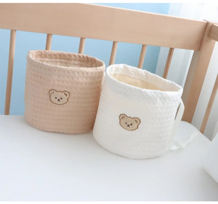 Le Caneton Waffle Cotton Side Pockets for Baby Crib (Bear Embroidery)
