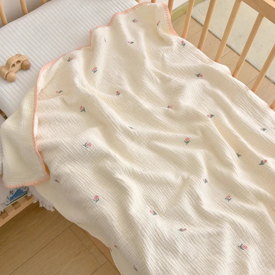 Le Caneton Soft Muslin Blanket with Cute Embroidery for Babies & Toddlers