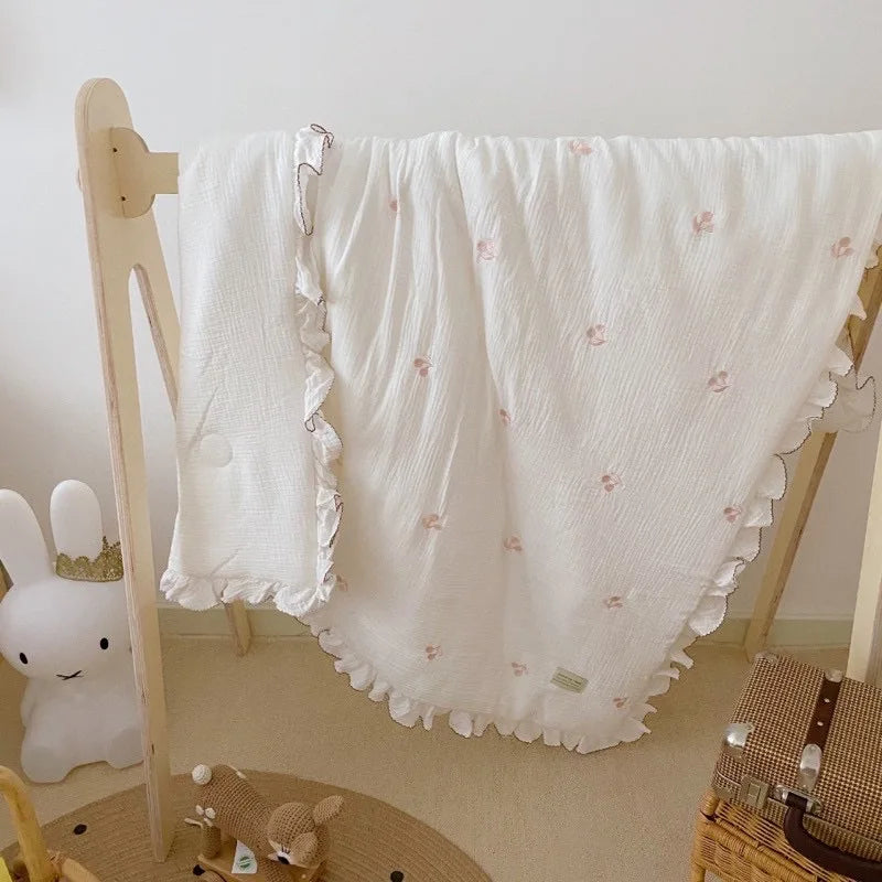 Le Caneton Ruched Muslin Blanket for Toddlers with Lovely Embroidery