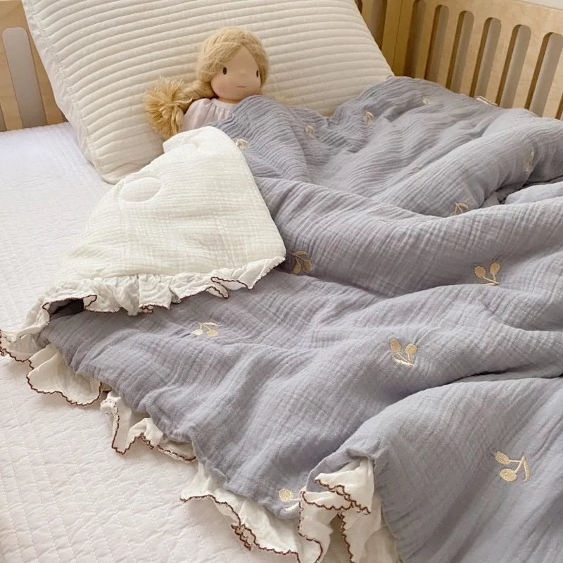 Le Caneton Ruched Muslin Blanket for Toddlers with Lovely Embroidery