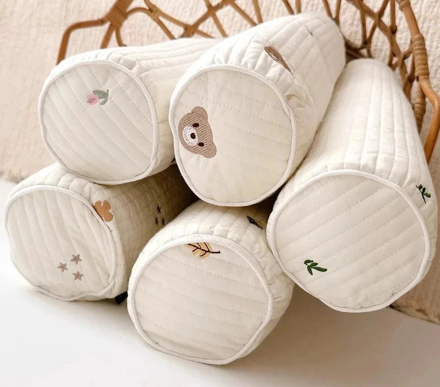 Le Caneton Quilted Cotton Cylinder Cushion for Baby Crib with Lovely Embroidery