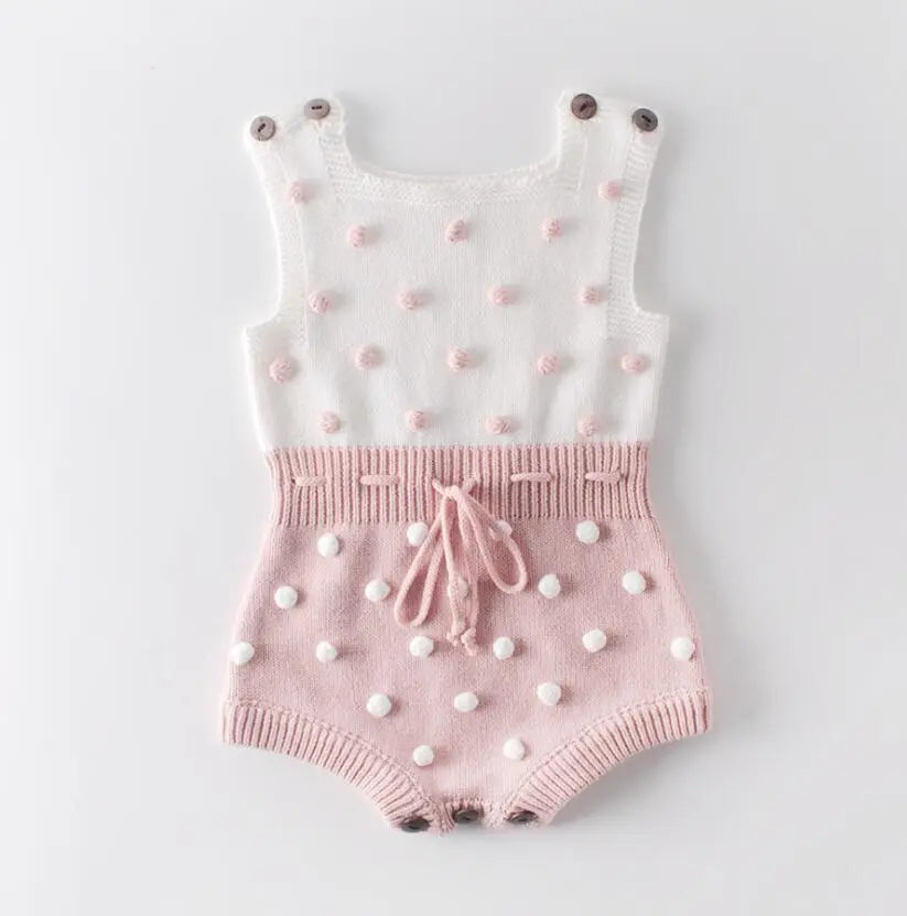 Cotton Baby Girl Romper with Handmade Pompoms