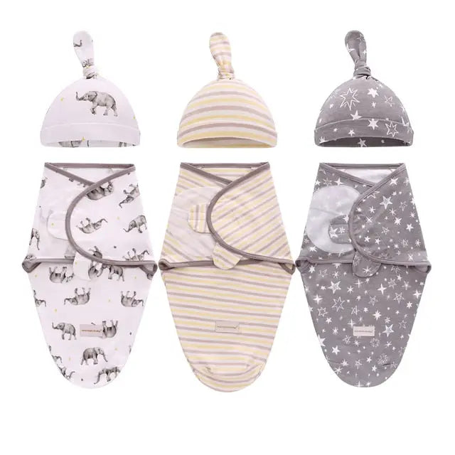 Cotton Swaddle Wrap & Baby Hat Set of 3