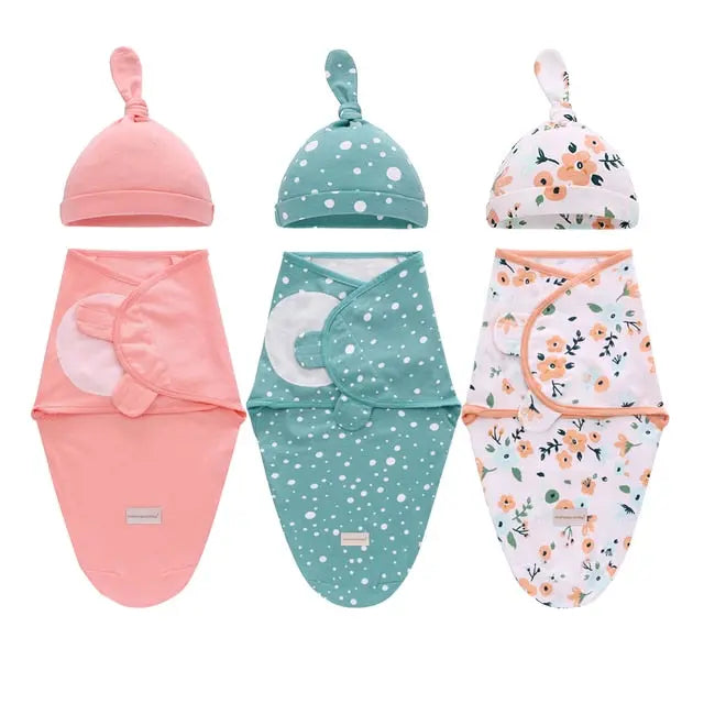 Cotton Swaddle Wrap & Baby Hat Set of 3