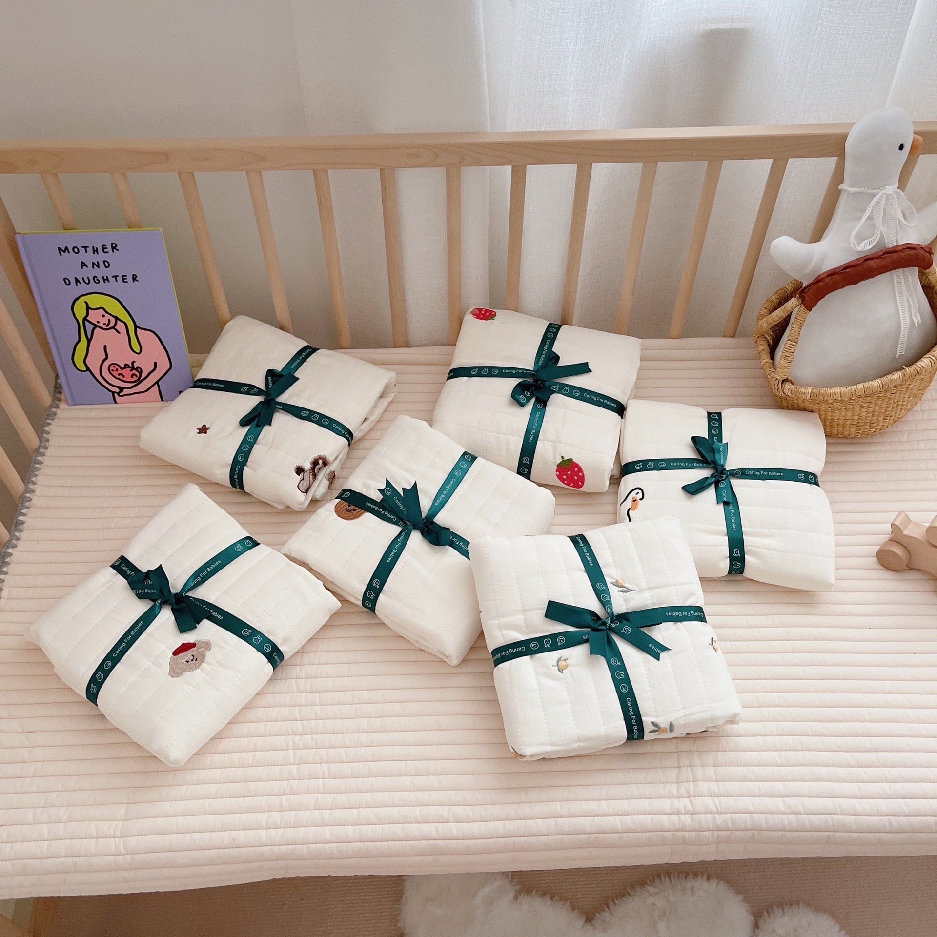 Quilted Cotton Baby Crib Sheet, Pillows and Rail Cover Sets
