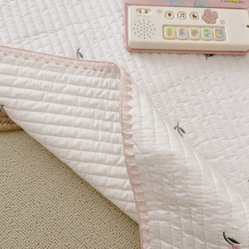 Quilted Cotton Baby Crib Set with Tulip Embroidery and Pink Piping