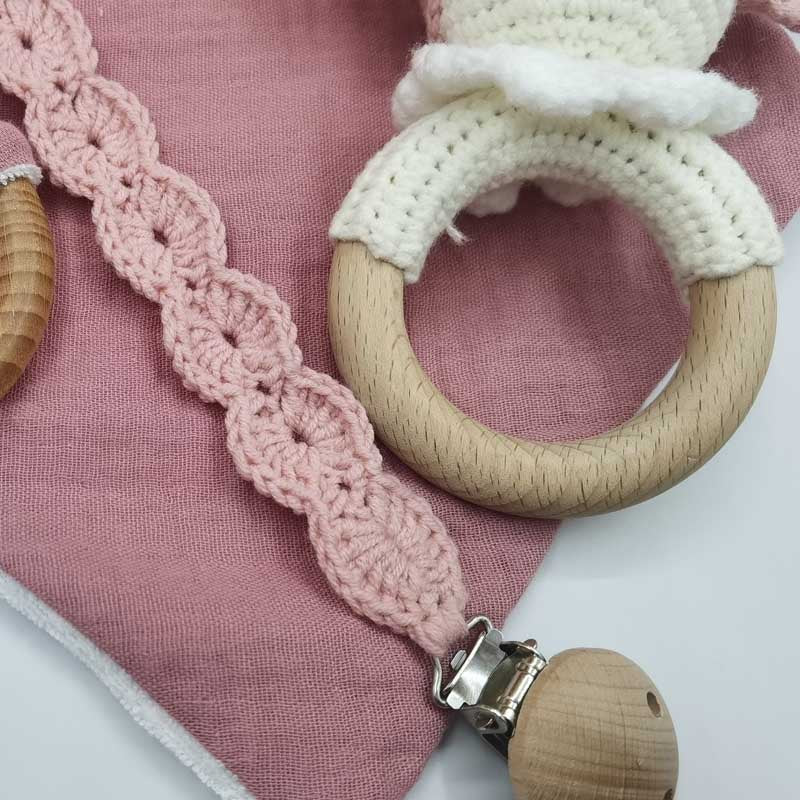 Handmade Cotton Crochet Knit Sheep Toy & Muslin Baby Bib Set