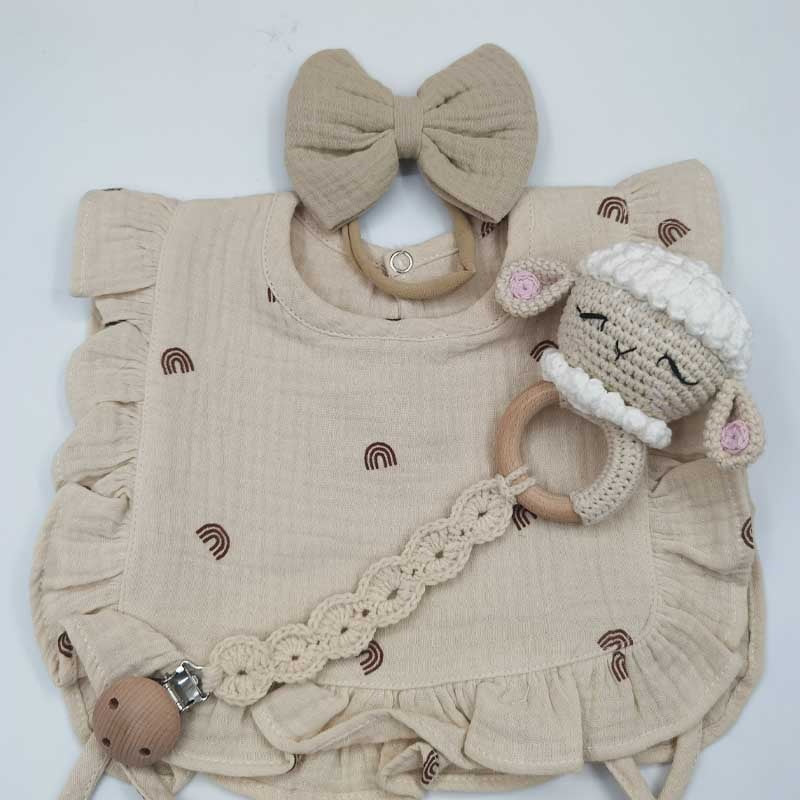 Handmade Cotton Crochet Knit Sheep Toy & Muslin Baby Bib Set