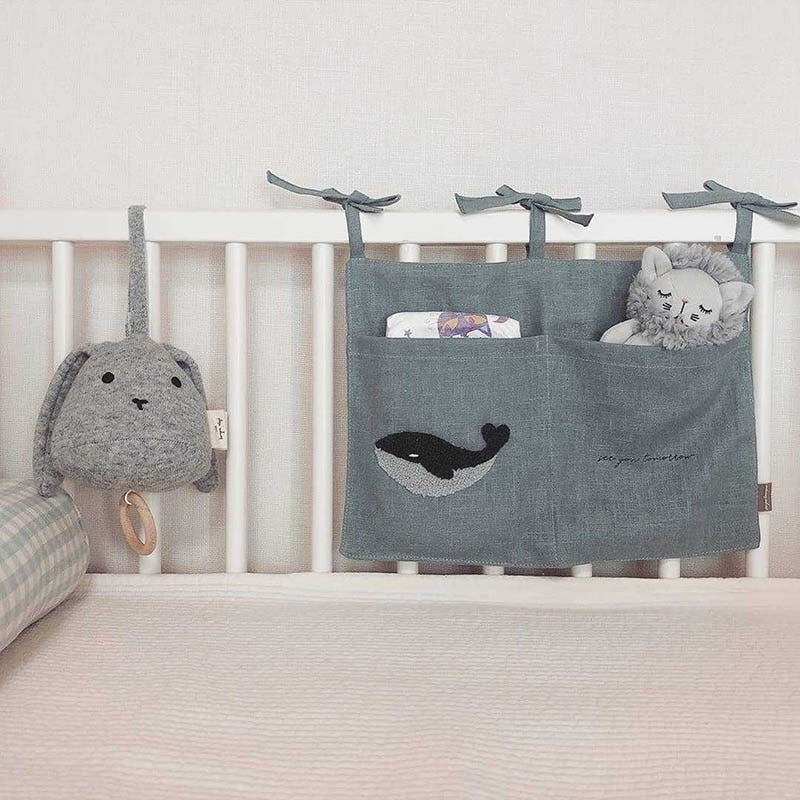 Bedside Storage Bag Embroidery linen Baby Crib Organizer Hanging Bag for Baby Essentials Newborn Bed Hanging Diaper Toy Tissue