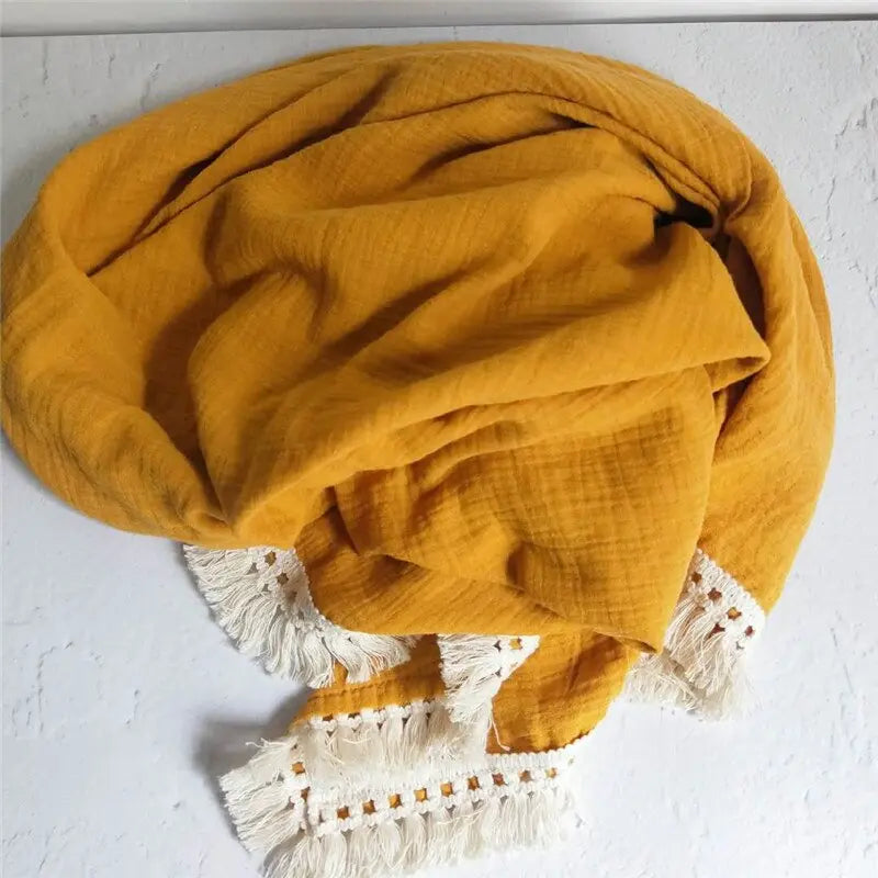 Muslin Baby Swaddle Blanket with Fringe