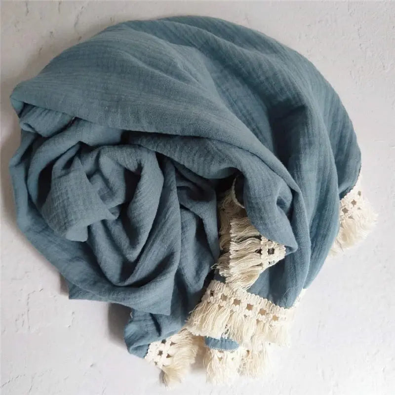 Muslin Baby Swaddle Blanket with Fringe