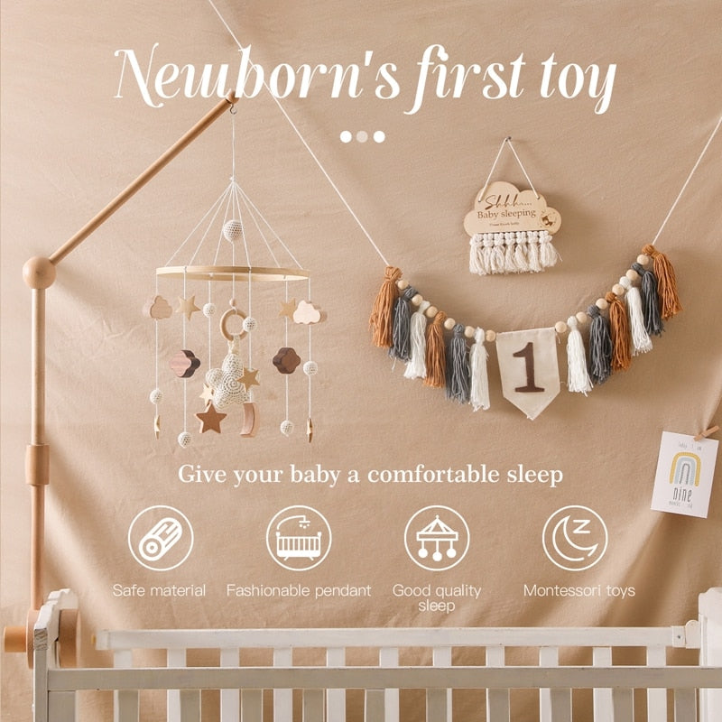 Natural Wood & Cotton Baby Crib Mobile - Night Sky