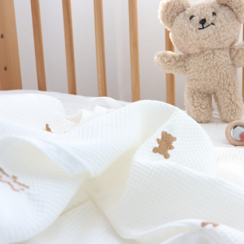 Soft Waffle Cotton Baby Crib Rail Guard Protector with Teddy Bear Embroidery