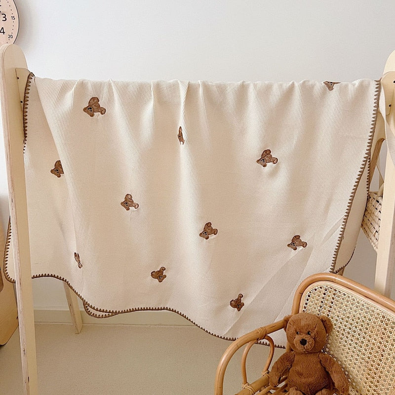 Natural Waffle Cotton Baby Blanket with Lovely Embroidery