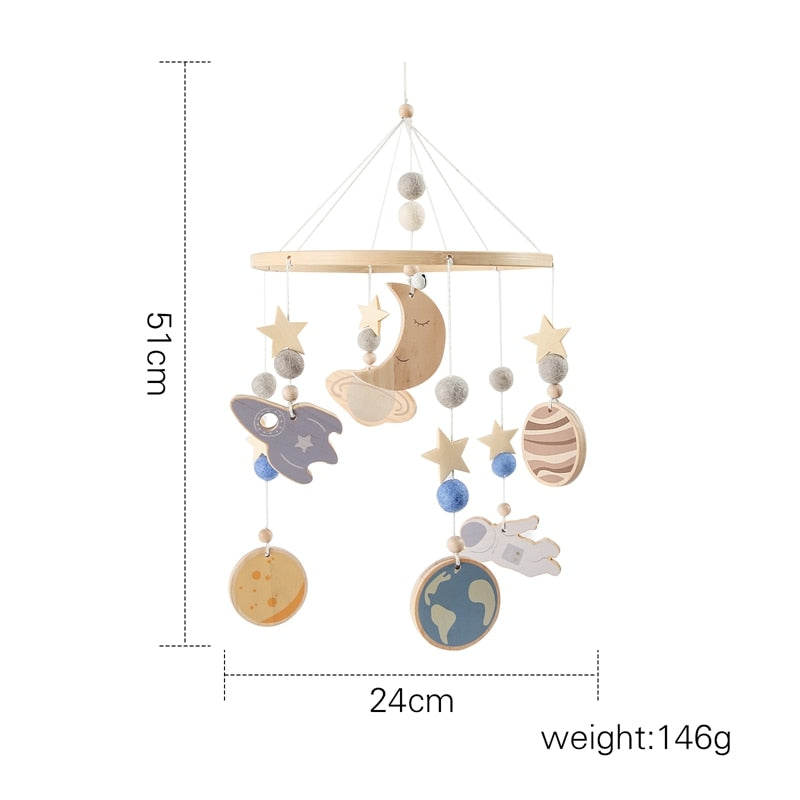 Space Themed Natural Wood Baby Crib Mobile