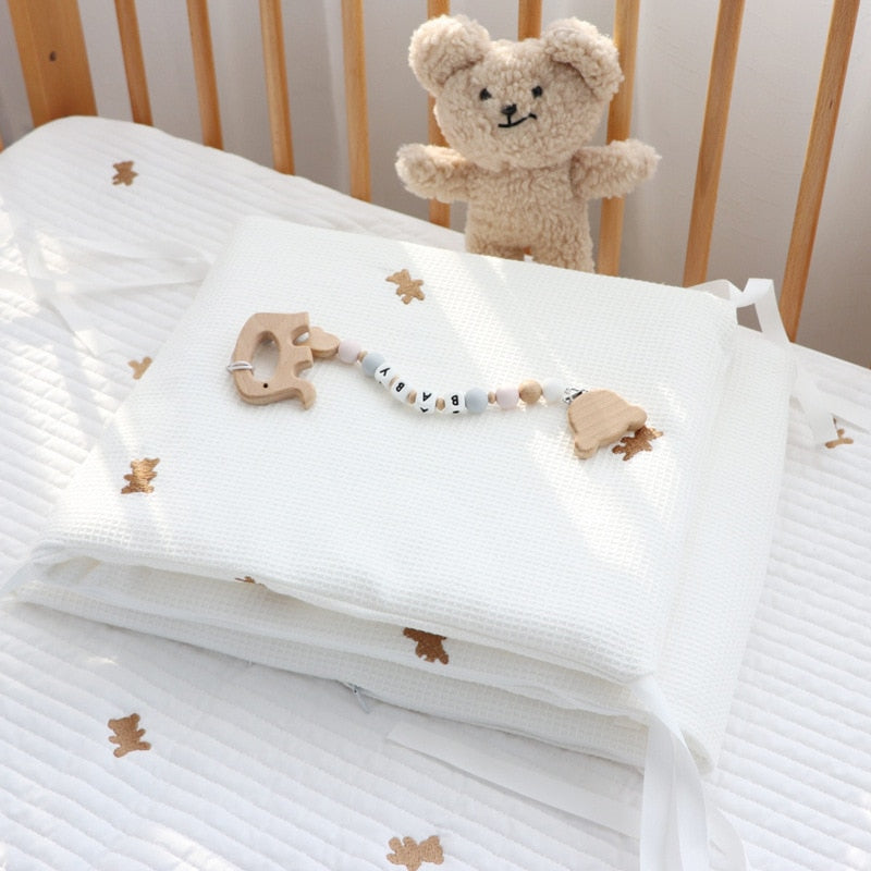Soft Waffle Cotton Baby Crib Rail Guard Protector with Teddy Bear Embroidery