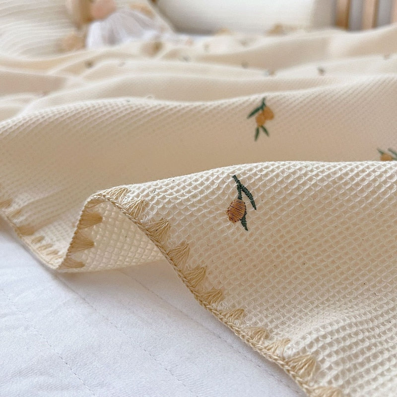 Natural Waffle Cotton Baby Blanket with Lovely Embroidery