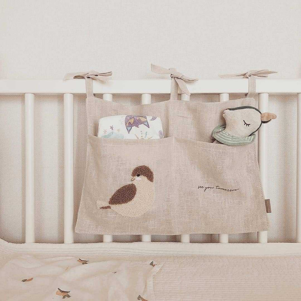 Bedside Storage Bag Embroidery linen Baby Crib Organizer Hanging Bag for Baby Essentials Newborn Bed Hanging Diaper Toy Tissue